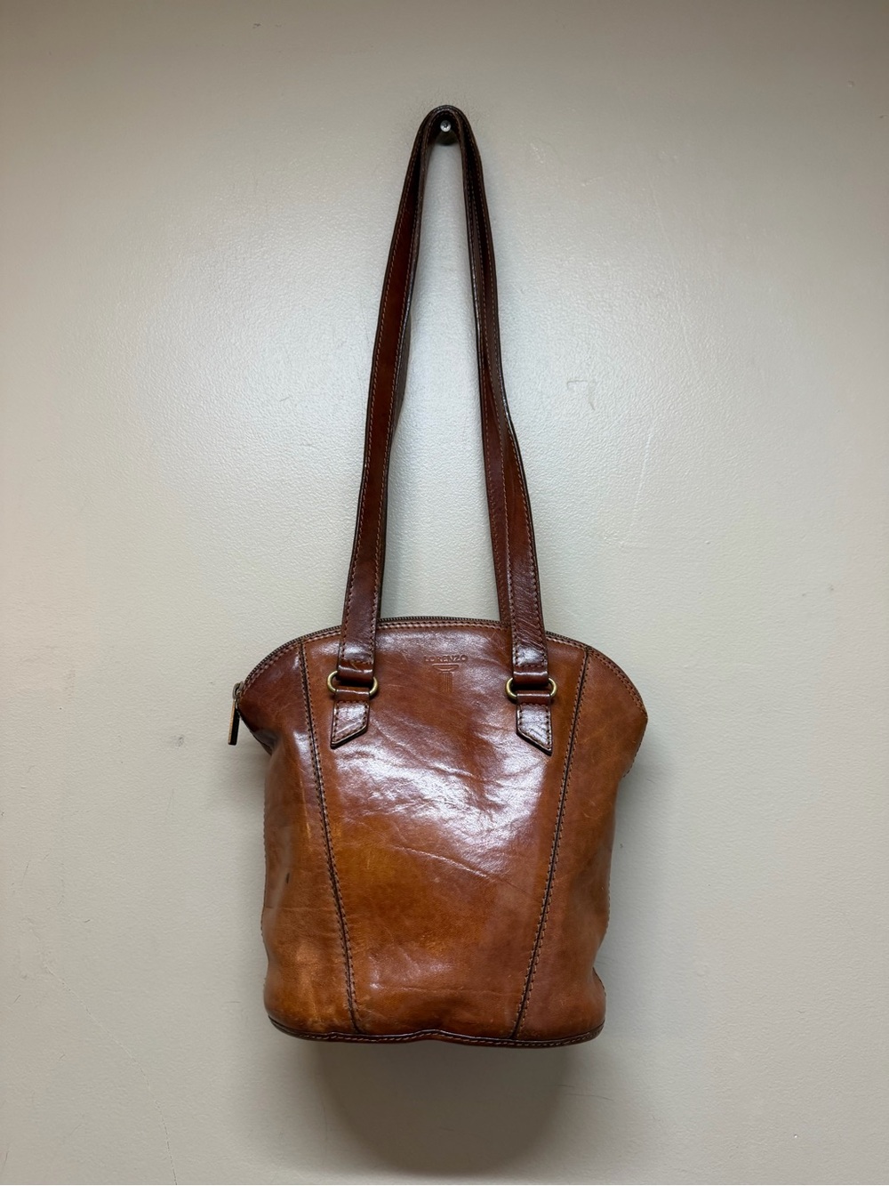 Vintage Lorenzo Satchel Purse Shoulder Bag Brown Leather Long Handles